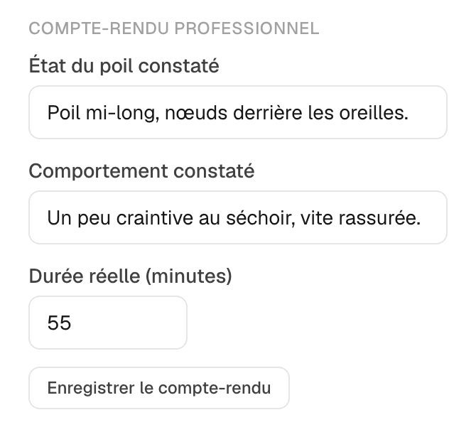 Capture d'IRONN : formulaire de compte-rendu professionnel, avec l'état du poil constaté, le comportement constaté et la durée réelle