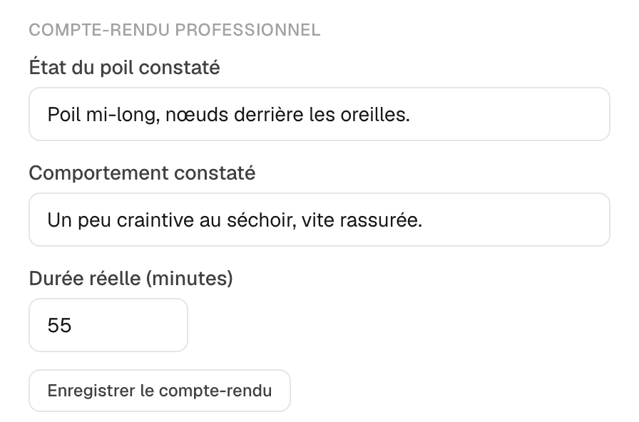Capture d'IRONN : formulaire de compte-rendu professionnel, avec l'état du poil constaté, le comportement constaté et la durée réelle