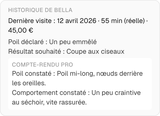 Capture d'IRONN : historique d'un animal, avec la date de la dernière visite, le poil et le résultat souhaité déclarés, et le compte-rendu professionnel