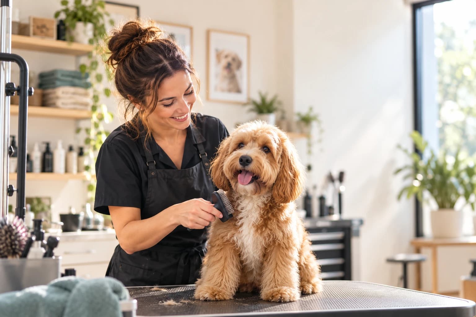 Illustration : une toiletteuse brosse un chien sur une table de toilettage