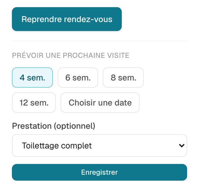 Capture d'IRONN : boutons « Reprendre rendez-vous » et choix d'une prochaine visite (4, 6, 8 ou 12 semaines, ou une date)