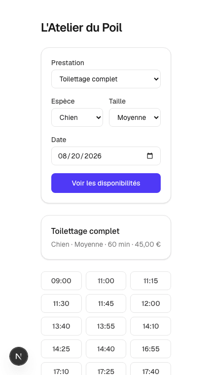 Page de réservation en ligne d'un salon avec choix de la prestation et créneaux disponibles